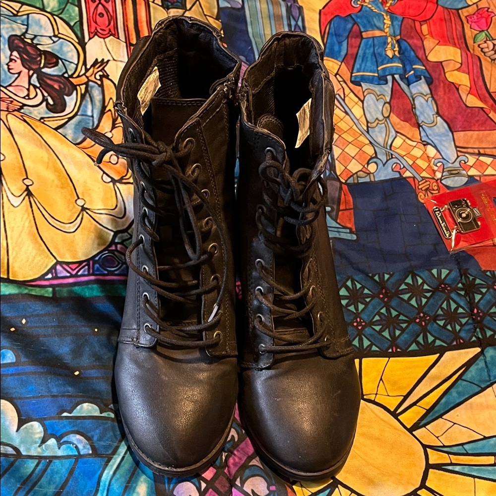 Brash Black Lace-Up Combat Heeled Ankle Boots